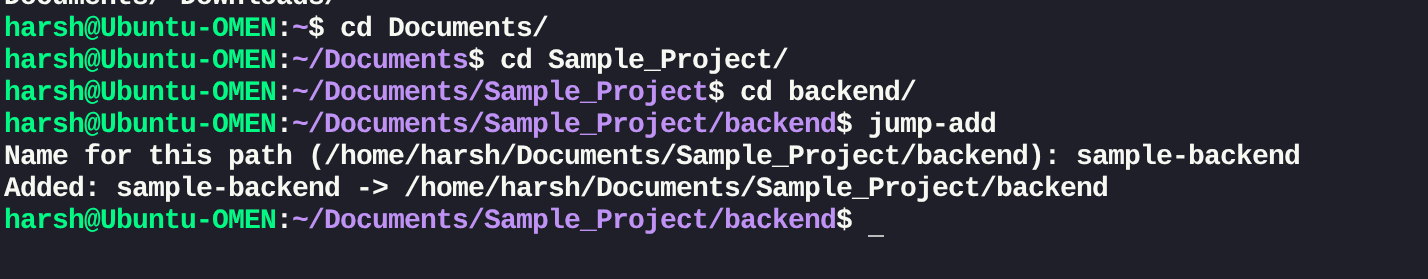 Terminal showing several cd commands followed by jump-add registering the current path under the name vm-sdk