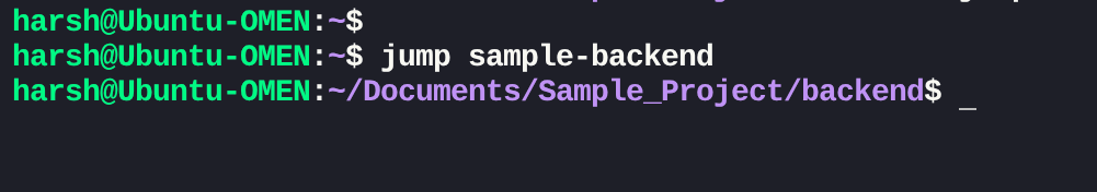 Terminal showing 'jump vm-sdk' teleporting straight into a deeply nested project directory